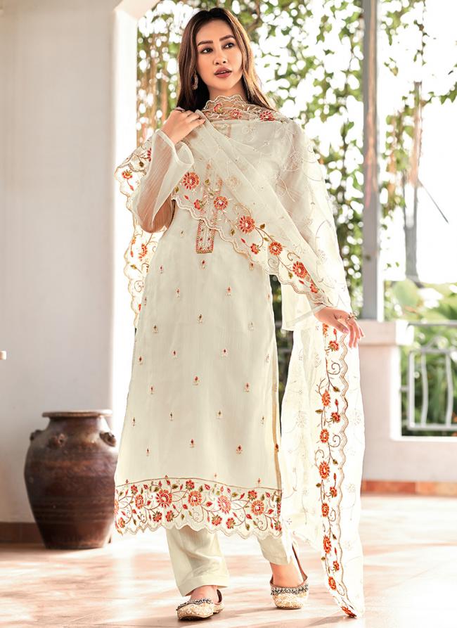 Organza Chiffon White Eid Wear Embroidery Work Pakistani Suit